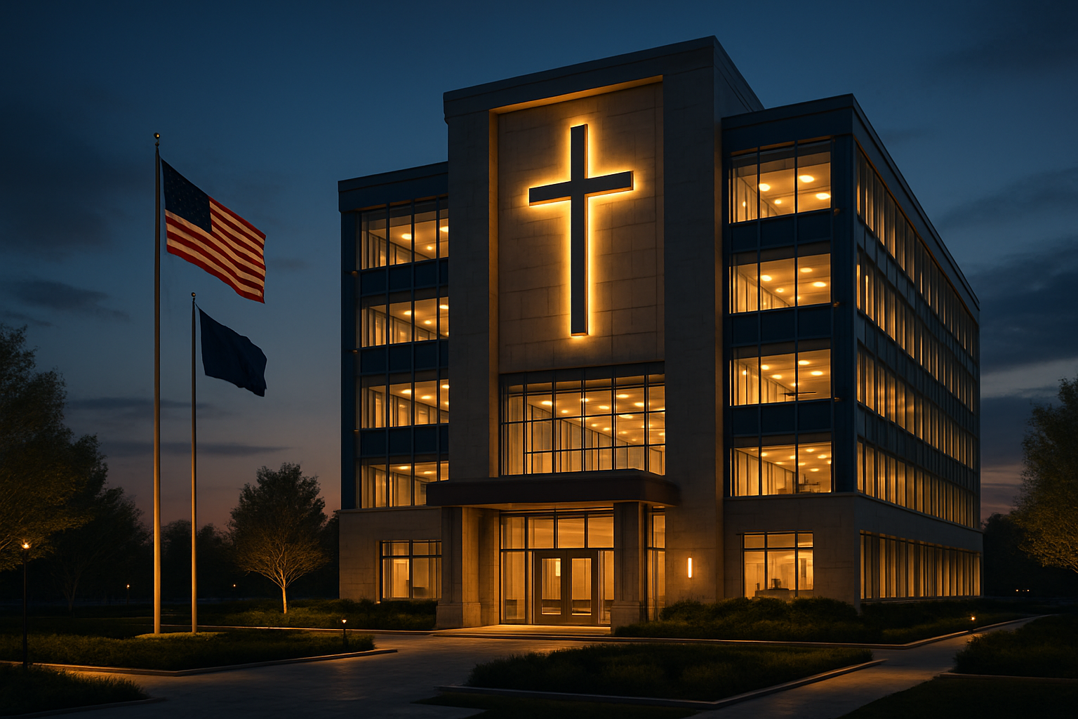 Artist’s rendering of the envisioned future International Headquarters at dusk