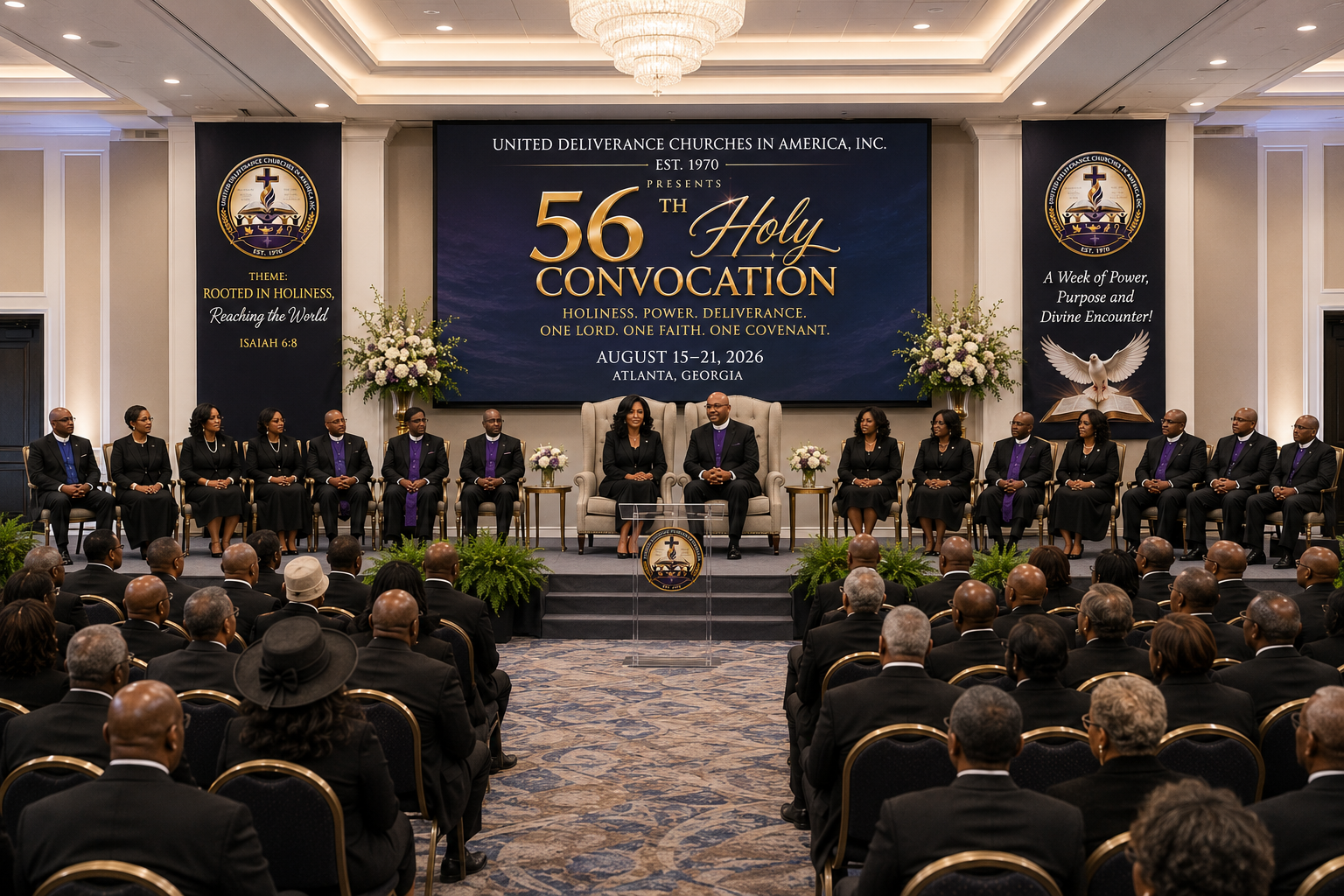 Holy Convocation — the seating of officers and delegates before the theme screen.