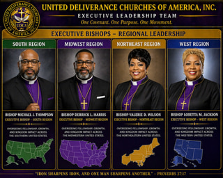 Executive Leadership Team — regional bishops of United Deliverance Churches of America, each named beneath their portrait