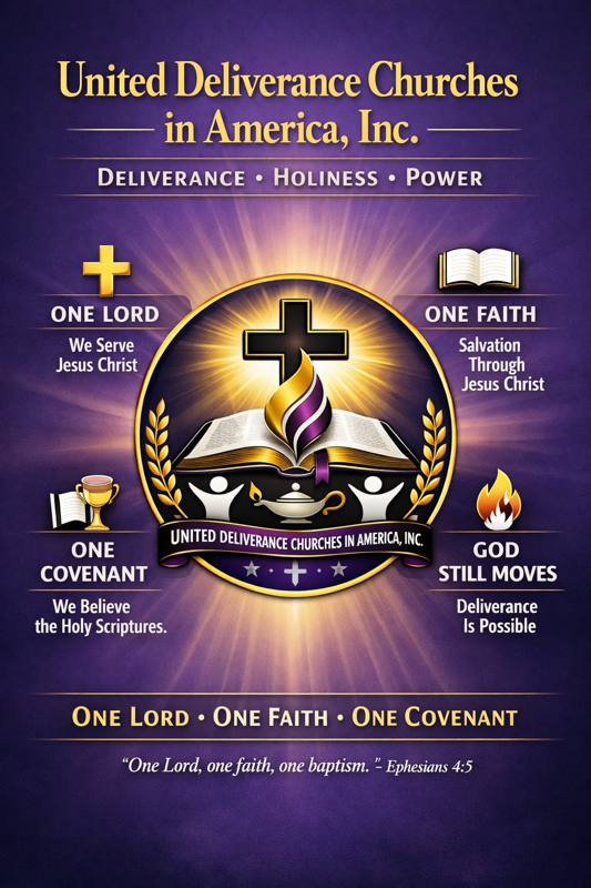 United Deliverance Churches in America — Deliverance, Holiness, Power; One Lord, One Faith, One Covenant; Ephesians 4:5